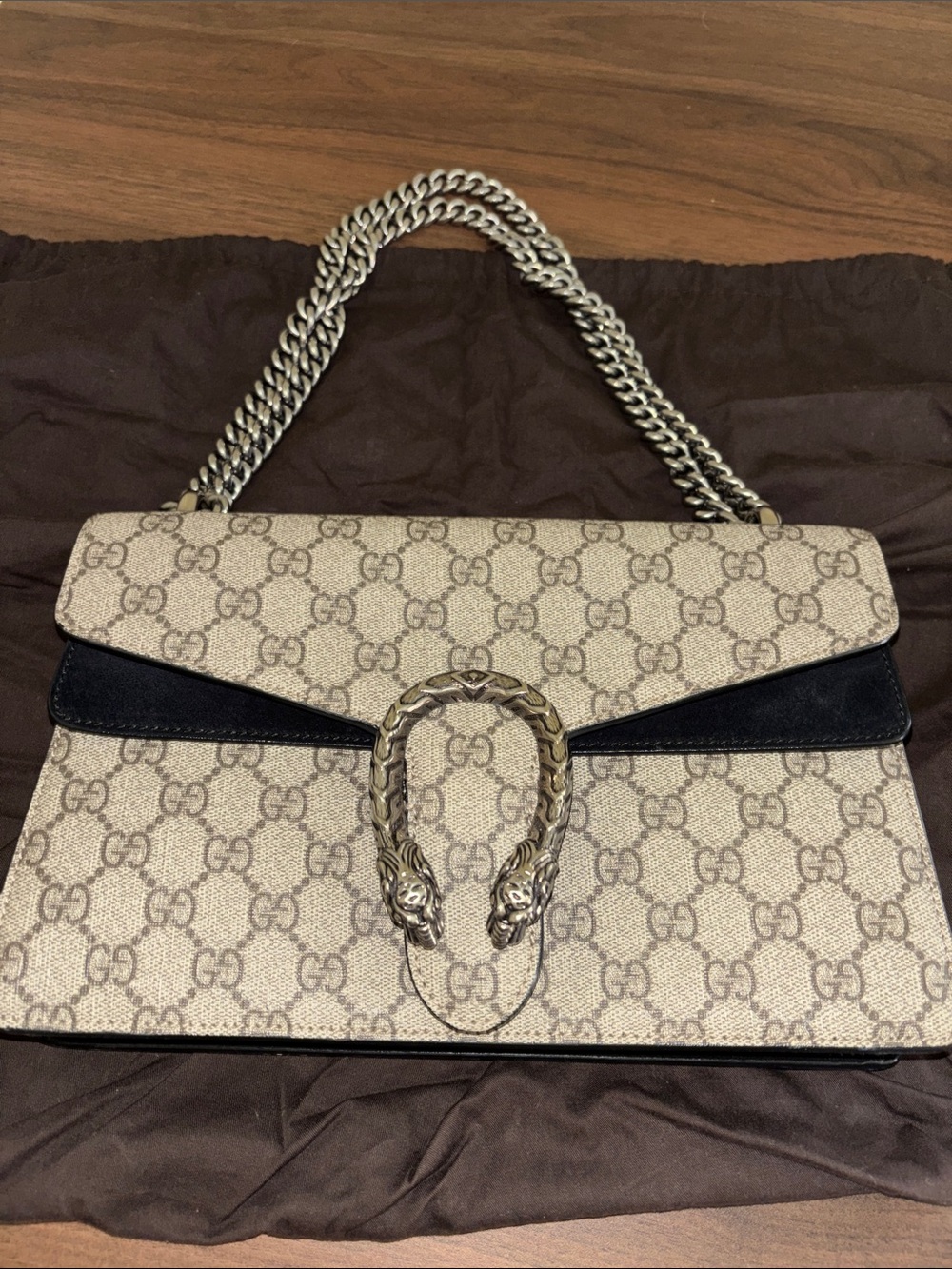 Gucci Beige GG Dionysus Shoulder Bag with Black Suede Trim